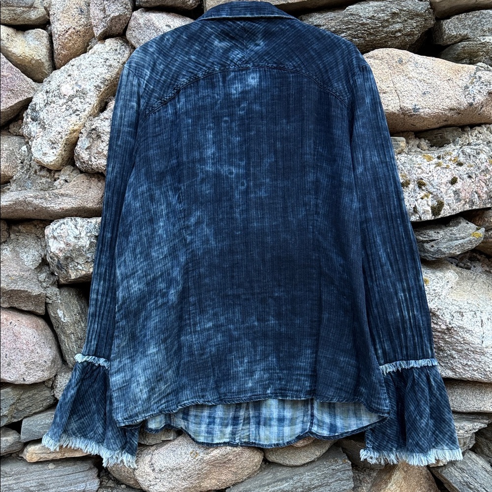 Ryan Michael Indigo Washed Cotton Flounce Sleeve Shirt w/ Buffalo Buttons XXL - Picture 8 of 14